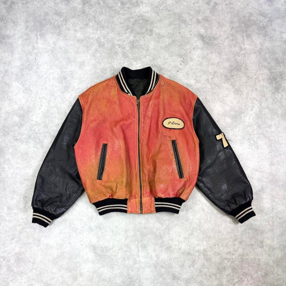 Leather varsity bomber jacket