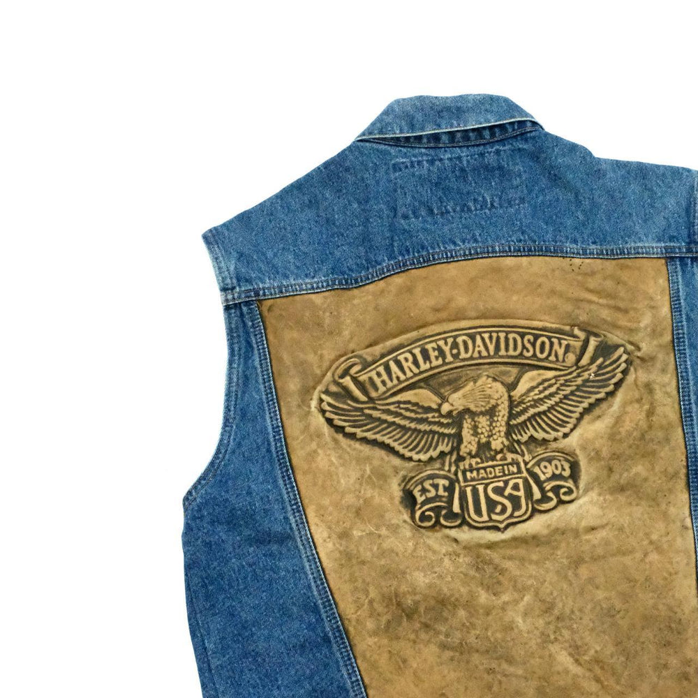 Vintage 90s Harley Davidson denim gilet with embossed leather back