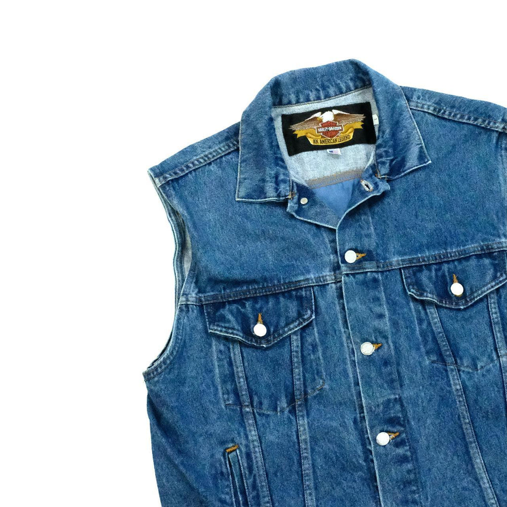 Vintage 90s Harley Davidson denim gilet with embossed leather back