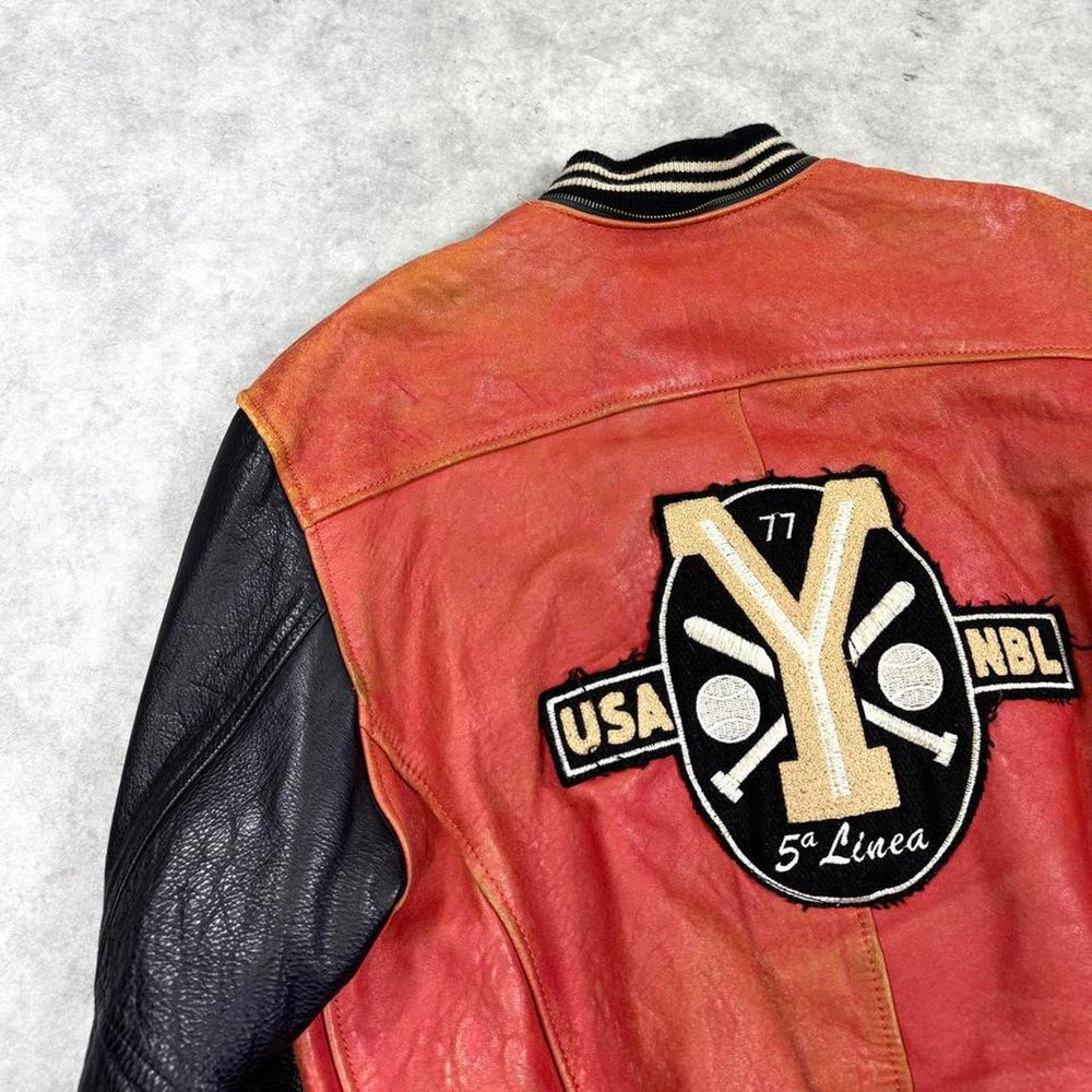 Leather varsity bomber jacket