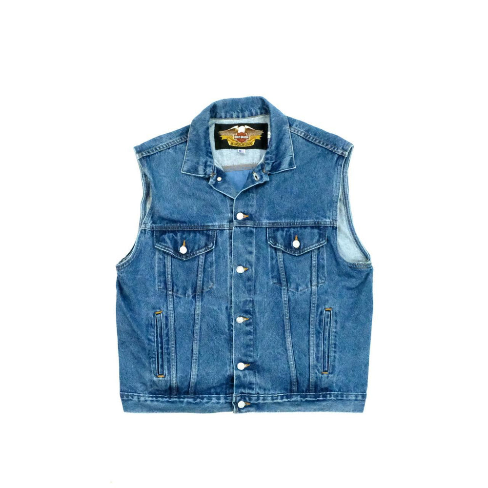 Vintage 90s Harley Davidson denim gilet with embossed leather back