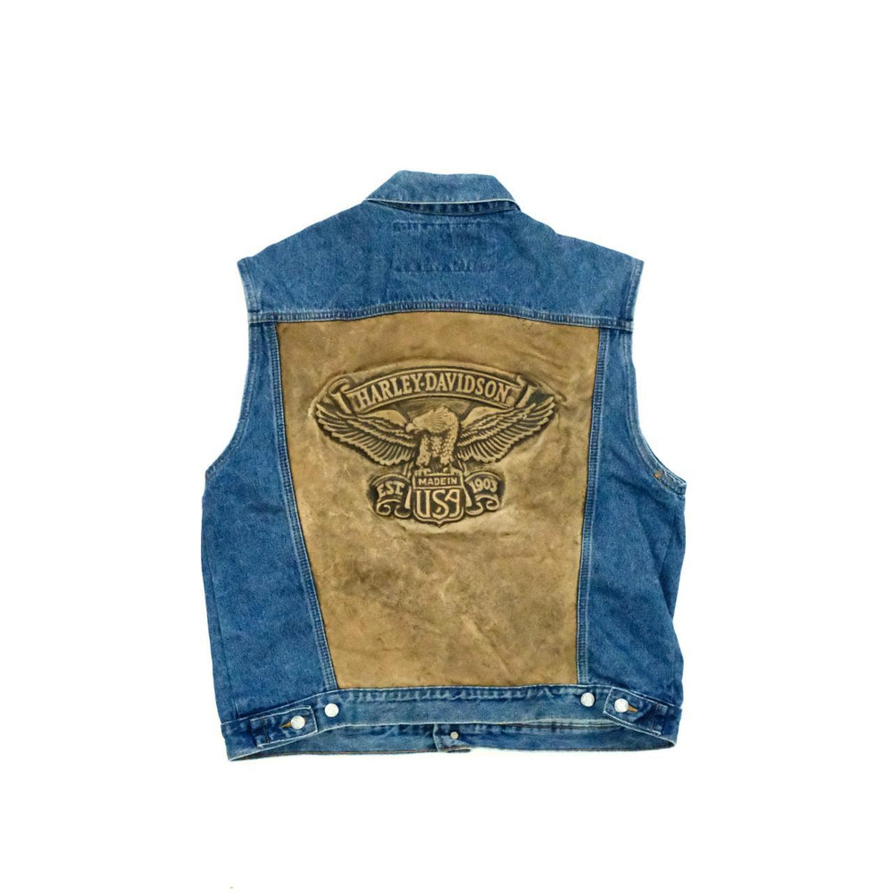 Vintage 90s Harley Davidson denim gilet with embossed leather back