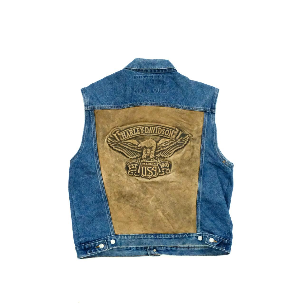 Vintage 90s Harley Davidson denim gilet with embossed leather back