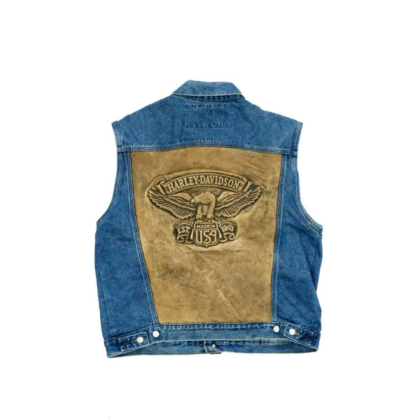 Vintage 90s Harley Davidson denim gilet with embossed leather back